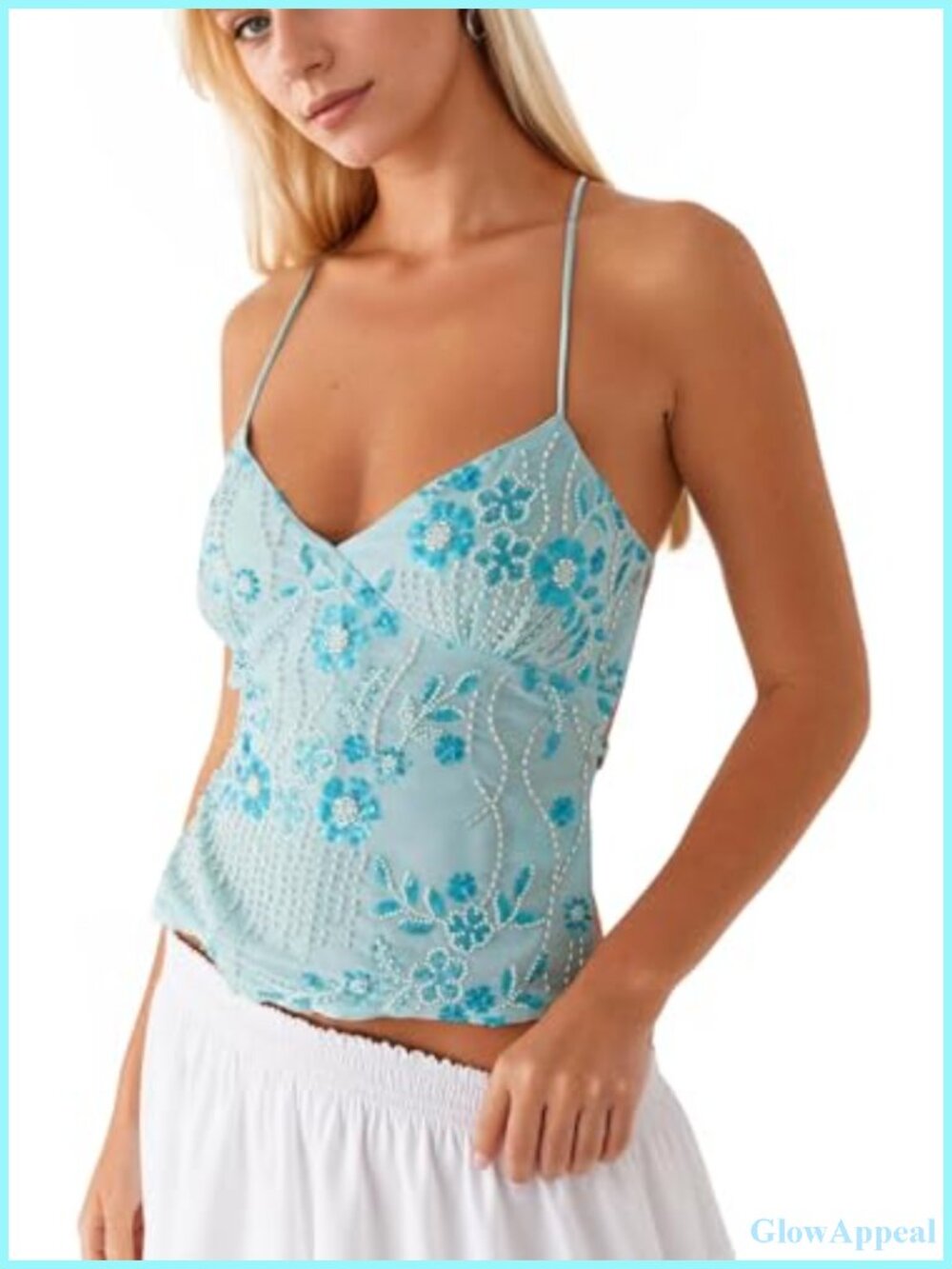 Women Y2K Floral Sequin Tank Top V Neck Sleeveless Sparkle Criss Cross Halter